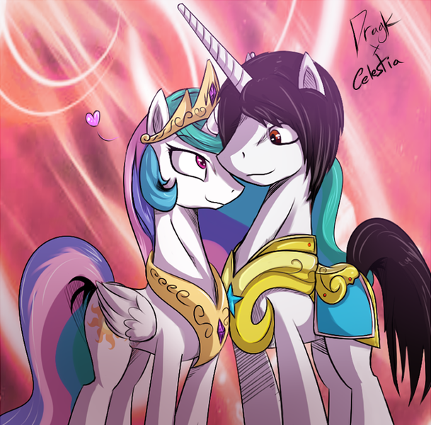 Size: 700x690 | Tagged: safe, artist:dragk, derpibooru import, princess celestia, oc, oc:dragk, canon x oc, dragkestia, female, male, royal guard, self insert, shipping, straight