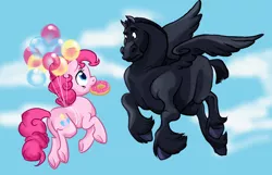 Size: 1374x886 | Tagged: safe, artist:bedupolker, derpibooru import, pinkie pie, earth pony, pony, balloon, blackjack, crossover, donut, floating, flying, frown, heroes of olympus, looking at each other, mouth hold, percy jackson and the olympians, smiling, spread wings, then watch her balloons lift her up to the sky, underhoof, unshorn fetlocks