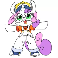 Size: 500x500 | Tagged: arale, artist:30clock, clothes, derpibooru import, dr. slump, glasses, meme, norimaki arale, parody, pixiv, safe, solo, sweetie belle, sweetie bot, taeko kawata, voice actor joke