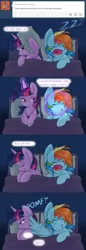 Size: 1280x3720 | Tagged: safe, artist:ambris, derpibooru import, rainbow dash, twilight sparkle, twilight sparkle (alicorn), alicorn, pony, ask twidash, bed, comic, female, lesbian, magic, mare, pomf, shipping, sleeping, snoring, tumblr, twidash, twilight is not amused, unamused, wingboner, zzz