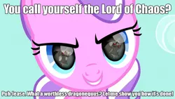 Size: 1024x576 | Tagged: caption, derpibooru import, diamond tiara, discord, evil, evil diamond tiara, eye reflection, image macro, meme, safe