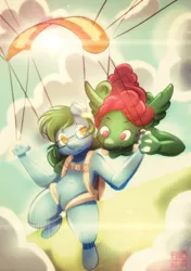 Size: 1280x1820 | Tagged: anthro, artist:naughtydoodles, derpibooru import, flying, lens flare, oc, oc:software patch, oc:windcatcher, parachute, safe, sky, skydiving, unofficial characters only, windpatch