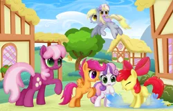 Size: 1275x815 | Tagged: safe, artist:ctb-36, derpibooru import, apple bloom, carrot top, cheerilee, derpy hooves, dinky hooves, golden harvest, scootaloo, sweetie belle, pegasus, pony, cutie mark crusaders, equestria's best daughter, equestria's best mother, female, flying, hose, mare, playing, ponies riding ponies, puddle, riding, splashing, tree