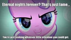 Size: 1024x576 | Tagged: caption, derpibooru import, diamond tiara, evil diamond tiara, eye reflection, image macro, meme, nightmare moon, safe