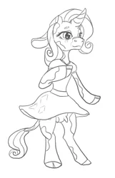 Size: 604x937 | Tagged: artist needed, black and white, clothes, derpibooru import, dress, female, grayscale, monochrome, raricow, rarity, safe, simple background, solo, udder, white background