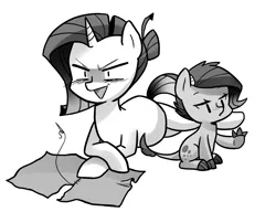 Size: 3000x2300 | Tagged: artist:kianamai, derpibooru import, dracony, grayscale, hybrid, interspecies offspring, kilalaverse, monochrome, mother and daughter, next generation, oc, oc:crystal clarity, offspring, parent:rarity, parent:spike, parents:sparity, preggity, pregnant, rarity, safe, sewing