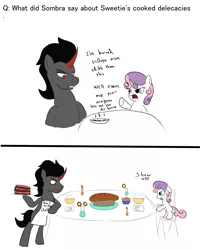 Size: 2800x3500 | Tagged: safe, artist:frikdikulous, derpibooru import, king sombra, sweetie belle, pony, unicorn, apron, ask, bread, cake, candle, clothes, colored, colored horn, comic, curved horn, dialogue, duo, female, filly, foal, food, horn, image, jewelry, jpeg, king sideburns, magic, male, pie, queen sweetie belle, questionable shipping, regalia, sketch, sombra horn, sombrabelle, stallion, text, tiara, tumblr, tumblr:ask king sombra and queen sweetie belle