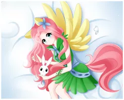 Size: 2550x2050 | Tagged: safe, artist:excelhensggott, derpibooru import, angel bunny, fluttershy, human, clothes, dress, eared humanization, humanized, light skin, tailed humanization, winged humanization