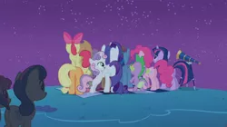 Size: 1054x592 | Tagged: safe, derpibooru import, screencap, apple bloom, applejack, bon bon, dizzy twister, fluttershy, orange swirl, pinkie pie, rainbow dash, rarity, scootaloo, spike, sweetie belle, sweetie drops, twilight sparkle, dragon, earth pony, pegasus, pony, unicorn, owl's well that ends well, butt, butt touch, cutie mark crusaders, female, filly, hoof on butt, mane seven, mane six, mare, meteor shower, night, plot, stars, telescope