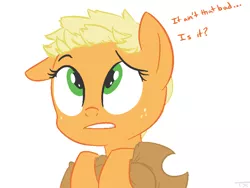 Size: 800x600 | Tagged: alternate hairstyle, applejack, artist:tex, derpibooru import, dialogue, haircut, safe, short hair, short mane, simple background, solo