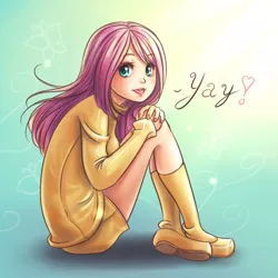 Size: 800x800 | Tagged: artist:ninjaham, clothes, cute, derpibooru import, female, fluttershy, human, humanized, light skin, looking at you, open mouth, safe, shoes, shyabetes, sitting, socks, solo, sweater, sweatershy, yay