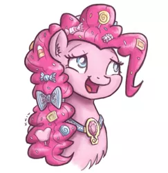 Size: 777x800 | Tagged: alternate hairstyle, artist:king-kakapo, bow, bust, candy, chest fluff, derpibooru import, element of laughter, fluffy, head, pinkie pie, portrait, safe, solo