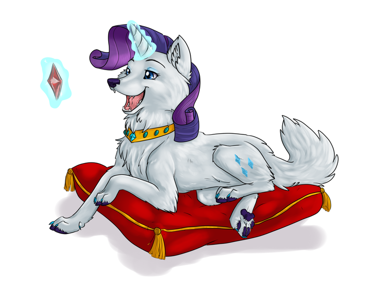 Size: 1600x1200 | Tagged: safe, artist:annakitsun3, derpibooru import, rarity, wolf, cushion, magic, solo, species swap, wolfity