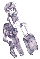 Size: 825x1200 | Tagged: anthro, artist:yachimata, beatnik rarity, beret, clothes, derpibooru import, hat, pixiv, rarity, safe, solo, suitcase