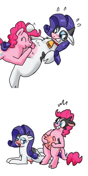 Size: 400x800 | Tagged: questionable, artist:kushina13, derpibooru import, pinkie pie, rarity, cow, earth pony, pony, annoyed, bipedal, blushing, breastfeeding, comic, cowbell, cowified, eyes closed, lactation, milk, pincow pie, pixiv, raricow, suckling, sweatdrop, teary eyes, transformation, udder