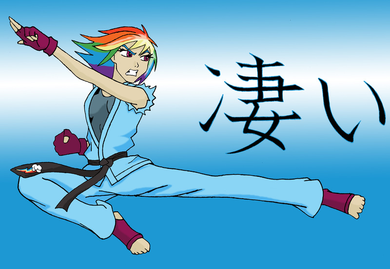 Size: 6816x4695 | Tagged: absurd resolution, artist:theblackemperor, black belt, clothes, feet, fingerless gloves, foot pad, gi, gloves, human, humanized, karate, light skin, martial arts, rainbow dash, robe, safe, serious, serious face, solo, trousers