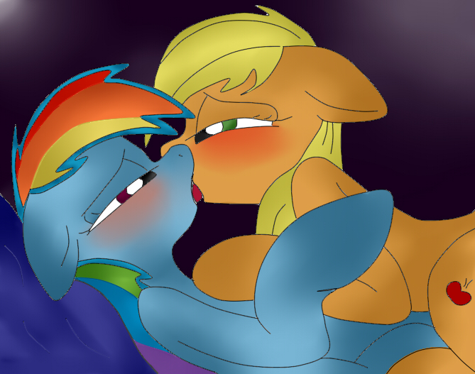 Size: 669x527 | Tagged: suggestive, artist:cariladiezmil, artist:twintailsinc, derpibooru import, applejack, rainbow dash, appledash, art theft, bedroom eyes, blushing, eye contact, female, floppy ears, french kiss, kissing, lesbian, on back, prone, shipping, sloppy kissing, tongue out, trace