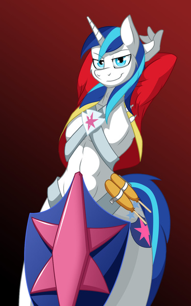 Size: 958x1536 | Tagged: suggestive, artist:lil miss jay, derpibooru import, shining armor, anthro, unicorn, friendship is witchcraft, full service playing cards, clothes, corndog, foaly matripony, francis sparkle, male, sexy armor, shield, solo, solo male, stallion, strategically covered, topless