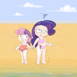 Size: 3000x3000 | Tagged: artist:tkc, beach, belly button, chibi, cold, dead source, derpibooru import, female, human, humanized, light skin, one-piece swimsuit, rarity, safe, sweetie belle, swimsuit, wet