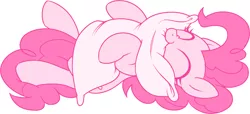 Size: 1000x456 | Tagged: safe, artist:stoic5, derpibooru import, pinkie pie, earth pony, pony, biting, cuddling, cute, diapinkes, eyes closed, female, hug, mare, on back, pillow, pillow biting, simple background, smiling, solo, white background