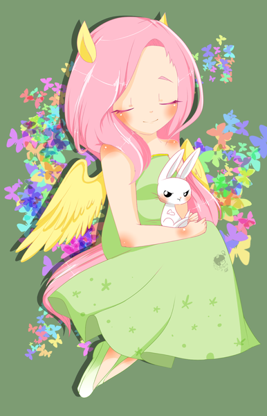 Size: 967x1502 | Tagged: angel bunny, artist:snow angel, clothes, cute, derpibooru import, dress, eared humanization, fluttershy, human, humanized, light skin, pixiv, safe, shoes, solo, winged humanization