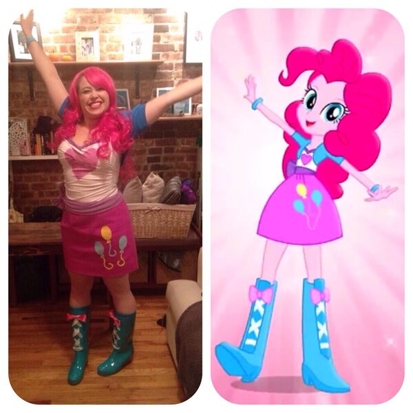 Size: 1252x1252 | Tagged: safe, derpibooru import, pinkie pie, human, equestria girls, balloon, boots, bracelet, clothes, comparison, cosplay, costume, g.m. berrow, high heel boots, irl, irl human, jewelry, photo, skirt