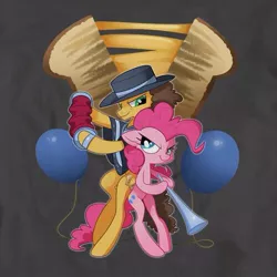 Size: 501x501 | Tagged: safe, derpibooru import, cheese sandwich, pinkie pie, earth pony, pony, pinkie pride, accordion, balloon, bipedal, cutie mark background, duo, female, looking at each other, male, mare, musical instrument, serious, serious face, stallion, vuvuzela, welovefine