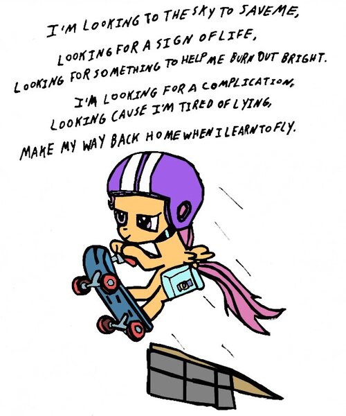 Size: 635x762 | Tagged: artist:closer-to-the-sun, derpibooru import, foo fighters, lyrics, ramp, safe, scootaloo, solo