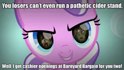 Size: 1024x576 | Tagged: caption, derpibooru import, diamond tiara, evil diamond tiara, eye reflection, flam, flim, flim flam brothers, image macro, safe