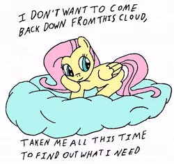 Size: 643x608 | Tagged: artist:closer-to-the-sun, bush, cloud, derpibooru import, fluttershy, lyrics, safe, solo