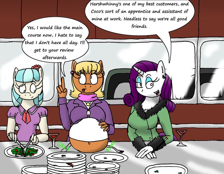 Size: 3272x2536 | Tagged: abdominal bulge, anthro, anthroquestria, artist:americananomaly, belly, big belly, breasts, coco pommel, critic, derpibooru import, food, food critic, ms. harshwhinny, ms. lardwhinny, professionalism, questionable, rarity, restaurant, salad, stuffed, stuffing, weight gain