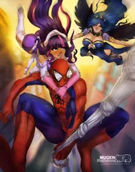 Size: 3300x4200 | Tagged: amethyst sorceress, artist:mugenillustrations, breasts, busty princess luna, crossover, crossover shipping, derpibooru import, female, flying, human, humanized, light skin, moderate dark skin, peter parker, princess luna, safe, shipping, spiderluna, spider-man, spiders and magic: rise of spider-mane, spidertwi, spider web, twilight sparkle, winged humanization