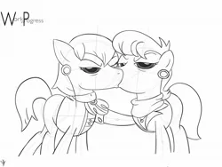 Size: 2048x1536 | Tagged: artist:bronypanda, clothes, female, kissing, lesbian, looking at you, monochrome, ms. harshwhinny, prim hemline, primwhinny, sketch, suggestive