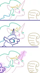 Size: 418x750 | Tagged: safe, artist:the weaver, derpibooru import, princess celestia, princess luna, pony, bitchlestia, comic, female, funny, funny as hell, letter, lunabuse, magic, mare, open mouth, reading, scroll, simple background, smiling, telekinesis, white background