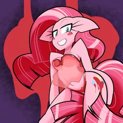 Size: 1200x1200 | Tagged: ambiguous facial structure, anthro, artist:red-poni, belly button, blood, breasts, clothes, derpibooru import, female, panties, pinkamena diane pie, pinkie pie, ribbon, see-through, solo, solo female, suggestive, underwear