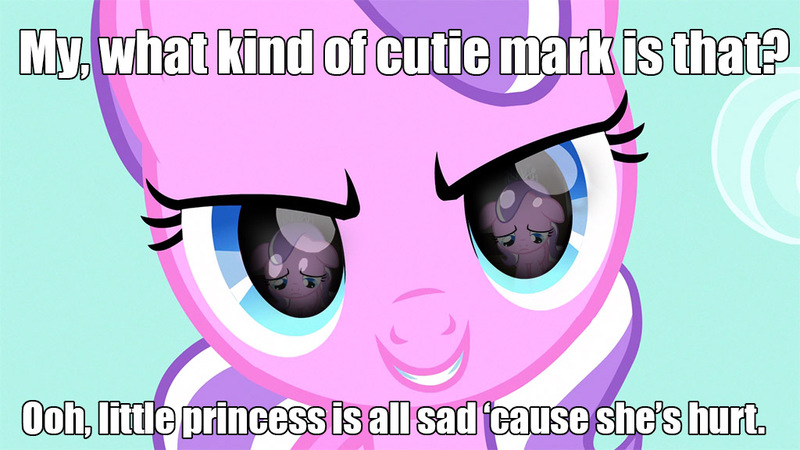 Size: 1024x576 | Tagged: caption, derpibooru import, diamond tiara, evil diamond tiara, eye reflection, harsher in hindsight, hilarious in hindsight, image macro, paradox, safe, self abuse, self deprecation, self loathing, self paradox, tiarabuse