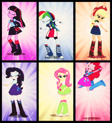 Size: 518x569 | Tagged: safe, derpibooru import, applejack, fluttershy, pinkie pie, rainbow dash, rarity, twilight sparkle, equestria girls, animated, backpack, balloon, blue background, boots, bowtie, bracelet, clothes, cowboy boots, crossed arms, cute, eg stomp, eyes closed, hand on hip, high heel boots, jewelry, jumping, looking at you, mane six, music video, orange background, pink background, purple background, raised leg, simple background, skirt, socks, sparkles, wristband, yellow background