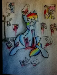 Size: 720x960 | Tagged: artist:toxicdemon10, grimdark, rainbow dash, razor, self harm, solo, suicide