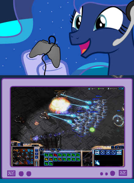 Size: 439x600 | Tagged: derpibooru import, exploitable meme, gamer luna, meme, obligatory pony, princess luna, safe, starcraft, starcraft 2, tempest, tv meme, video game, void rays