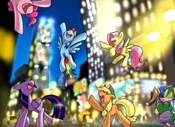 Size: 2000x1457 | Tagged: safe, artist:nekokevin, derpibooru import, applejack, fluttershy, pinkie pie, rainbow dash, spike, twilight sparkle, twilight sparkle (alicorn), alicorn, dragon, earth pony, pegasus, pony, bridleway, building, city, female, flying, lights, manehattan, mare, open mouth, raised hoof, slave, smiling