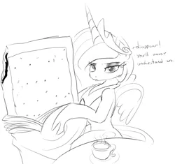 Size: 1207x1136 | Tagged: artist:zev, cargo ship, crack shipping, cuddling, cup, derpibooru import, dialogue, drink, grayscale, monochrome, poptart, princess celestia, safe, snuggling, solo, wat