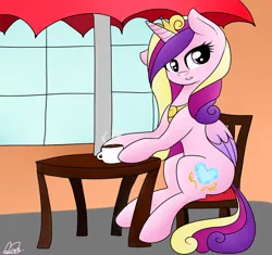 Size: 1280x1205 | Tagged: safe, artist:potatogirlivy, derpibooru import, princess cadance, alicorn, pony, female, mare, sitting, solo, tea