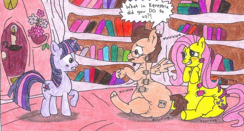 Size: 2928x1568 | Tagged: derpibooru import, diaper, diapercritter, diaper fetish, fluttershy, frilly diaper, glasses, golden oaks library, library, oc, oc:boxtrot, poofy diaper, questionable, transformation, twilight sparkle
