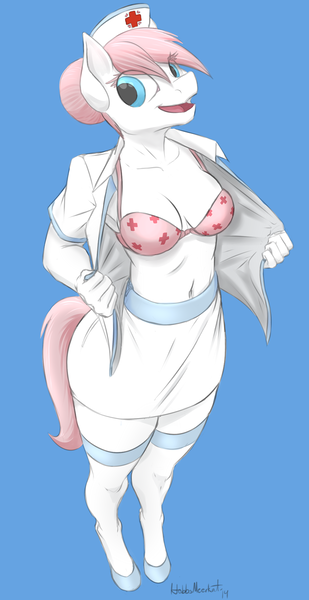 Size: 989x1920 | Tagged: anthro, artist:hobbsmeerkat, belly button, bra, breasts, busty nurse redheart, clothes, derpibooru import, female, flashing, nurse redheart, skirt, solo, solo female, suggestive, underwear, unguligrade anthro