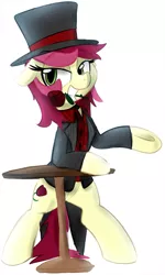 Size: 887x1479 | Tagged: dead source, safe, artist:choop, derpibooru import, roseluck, pony, bipedal, clothes, flower, flower in mouth, hat, mouth hold, rose, simple background, solo, table, top hat, white background