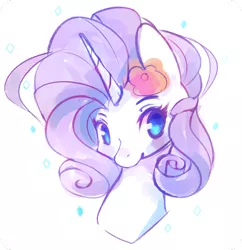 Size: 1024x1057 | Tagged: dead source, safe, artist:inkytophat, derpibooru import, rarity, pony, unicorn, bust, colored pupils, cute, female, flower, flower in hair, looking at you, mare, portrait, raribetes, simple background, solo, white background