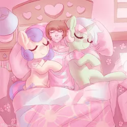 Size: 1100x1100 | Tagged: safe, artist:mewball, derpibooru import, bon bon, lyra heartstrings, sweetie drops, earth pony, human, pony, unicorn, bed, blushing, bon bon is amused, cute, eyes closed, female, heart, hug, human on pony snuggling, lucky bastard, male, mare, side, sleeping, smiling, snuggling