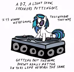 Size: 689x668 | Tagged: artist:closer-to-the-sun, derpibooru import, kaskade, lyrics, safe, solo, turntable, vinyl scratch