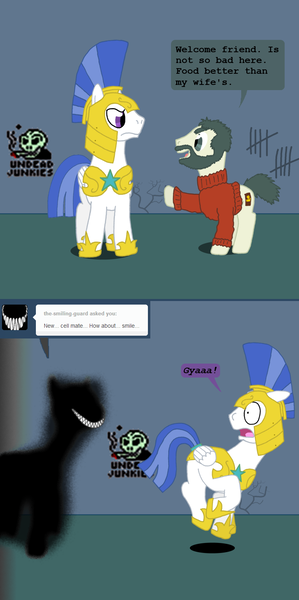 Size: 750x1505 | Tagged: artist:hakar-kerarmor, ask four inept guardponies, crossover, derpibooru import, jail, jorji costava, oc, oc:monolith, papers please, reference, royal guard, safe, zombi