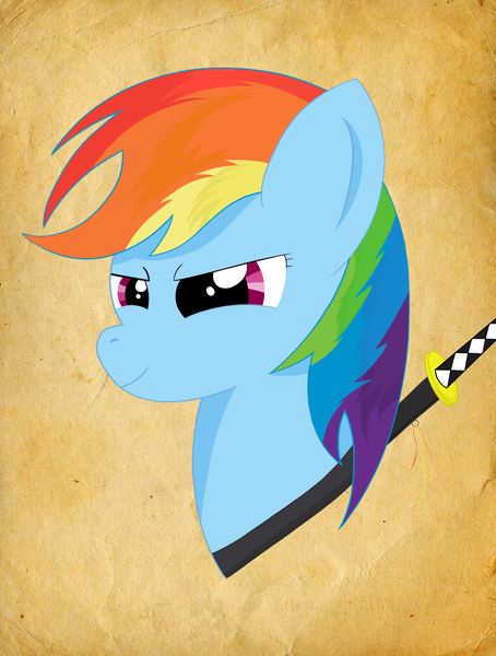 Size: 2663x3517 | Tagged: bust, derpibooru import, portrait, rainbow dash, safe, solo, sword